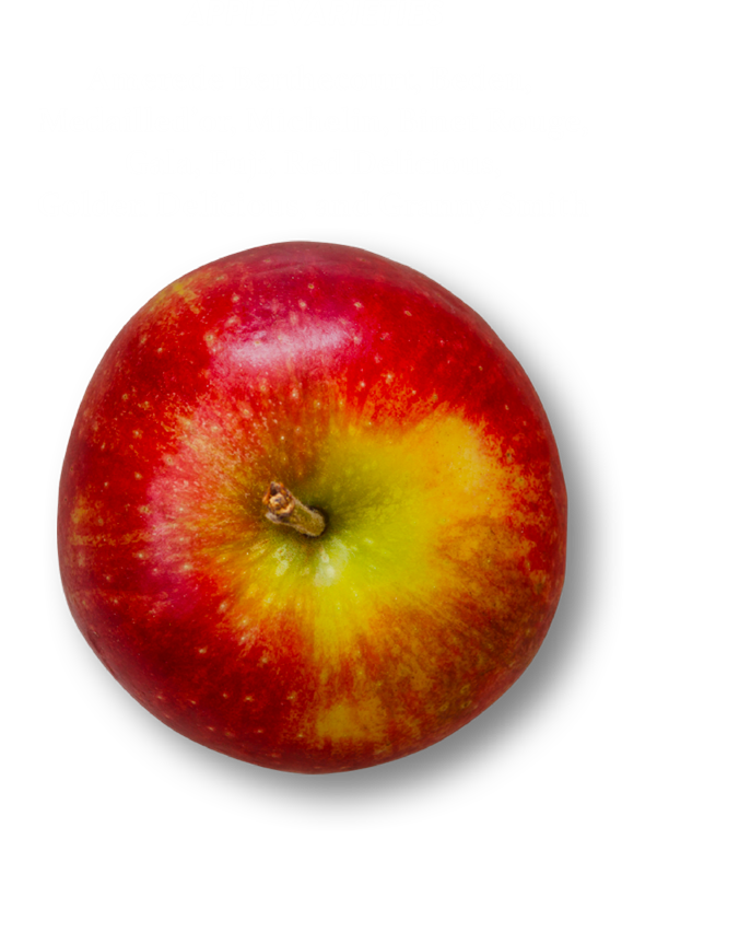 Apple varieties include: Fuji, Binet Rouge, Granny Smith, Red Delicious, Amerede Berthecourt, Medailled